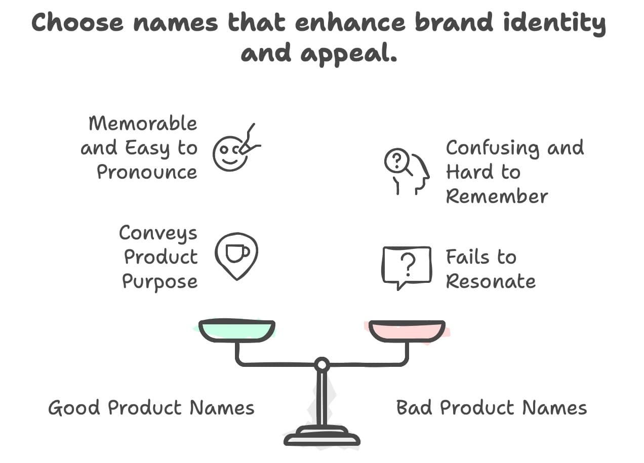 Comparison chart showing good vs bad product names with detailed analysis